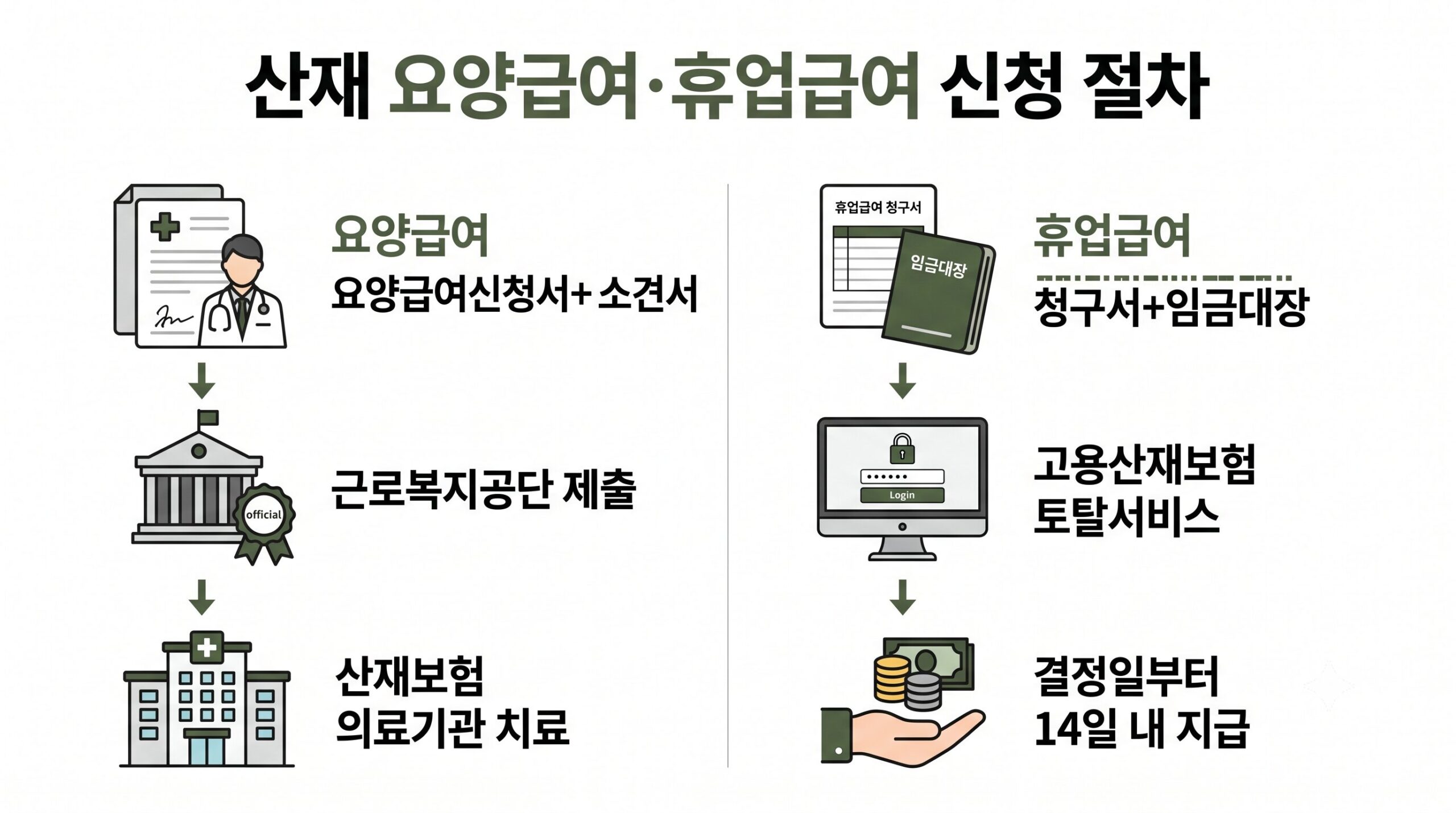 산재 요양급여와 휴업급여 신청 절차를 정리한 인포그래픽